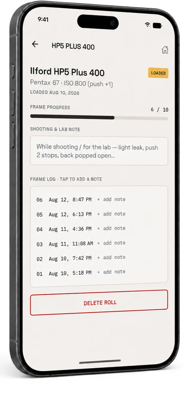 A roll record displayed on a black smartphone for Ilford HP5 Plus 400, showing the camera, exposure index, frame progress, a shooting note, and the frame log.